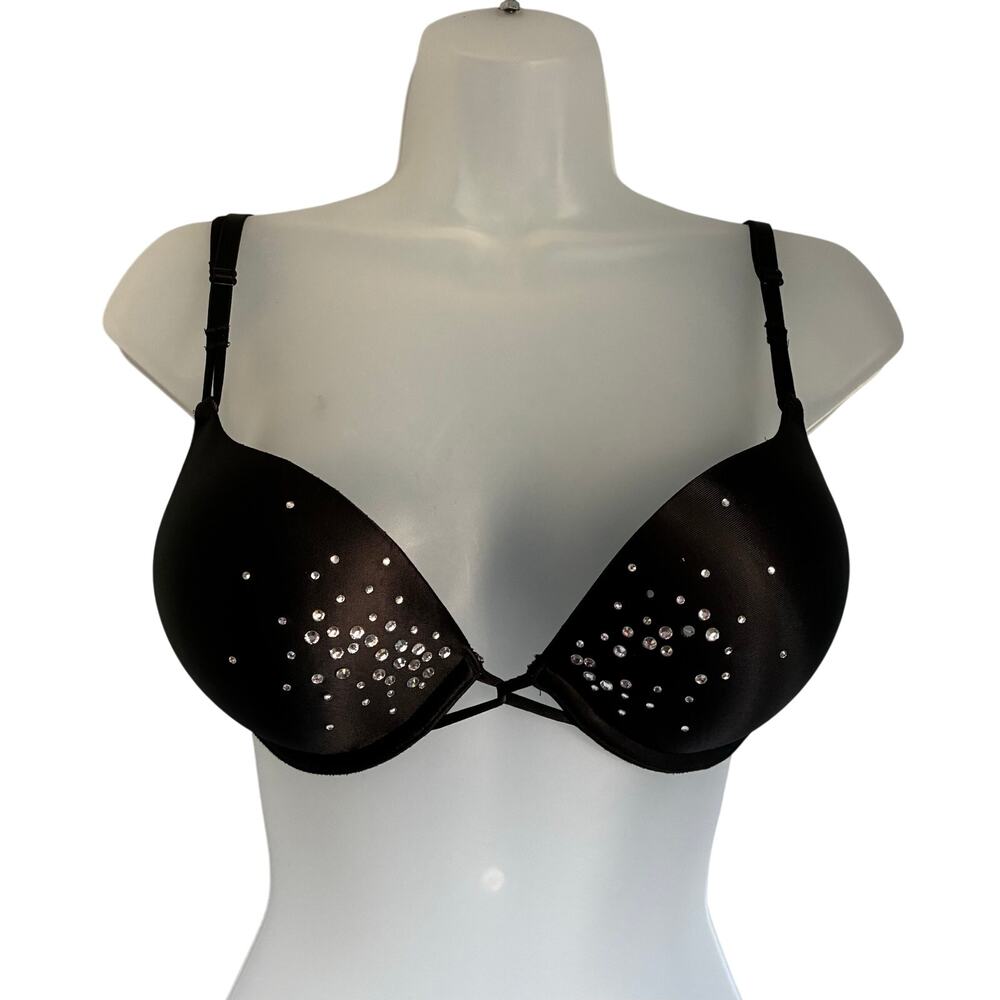 Victoria's Secret Bombshell Bra Padded Pushup Plunge 32C Black Rhinestone